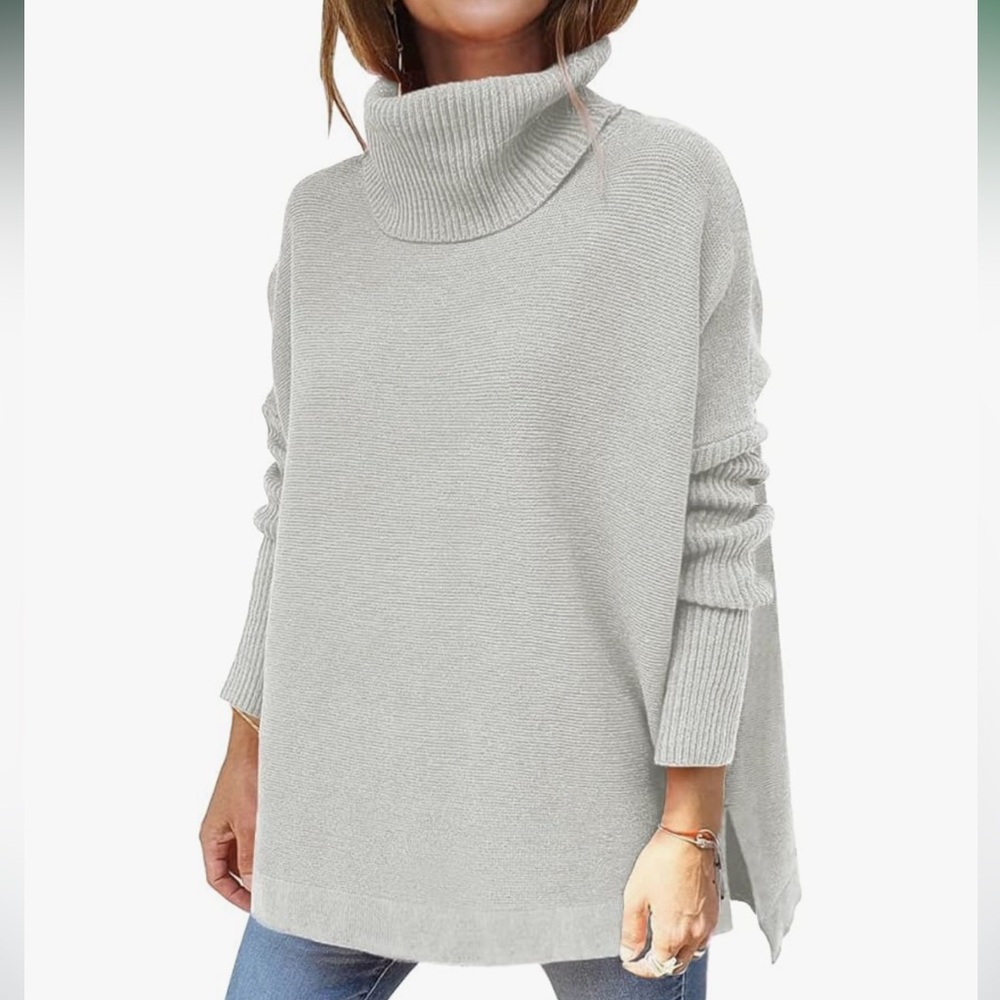 Women's Light Gray Turtleneck Oversized Chunky Knit Sweater Batwing Sweater XS